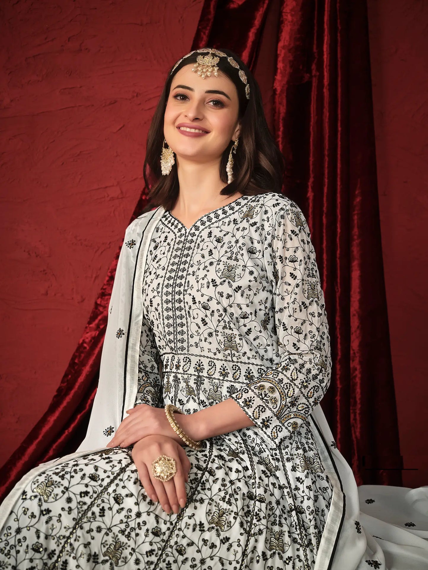 White Georgette Thread & Sequence Embroidery Work Gown