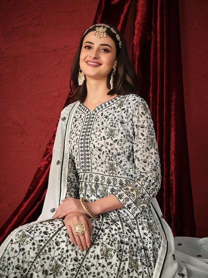 White Georgette Thread & Sequence Embroidery Work Gown