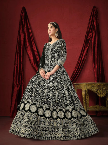 Black Georgette Thread & Sequence Embroidery Work Gown