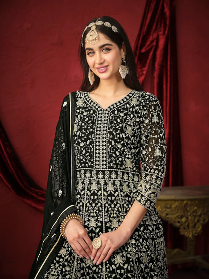 Black Georgette Thread & Sequence Embroidery Work Gown
