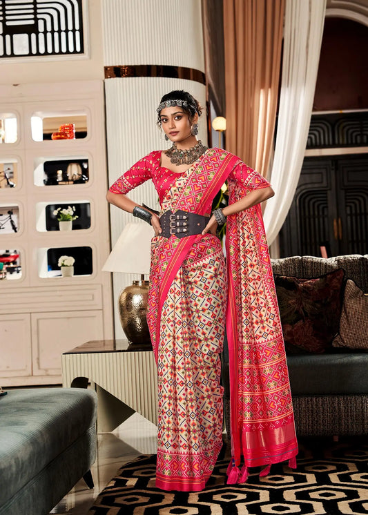 Beige Handloom Silk Saree with Patola Print & Tassel Pallu