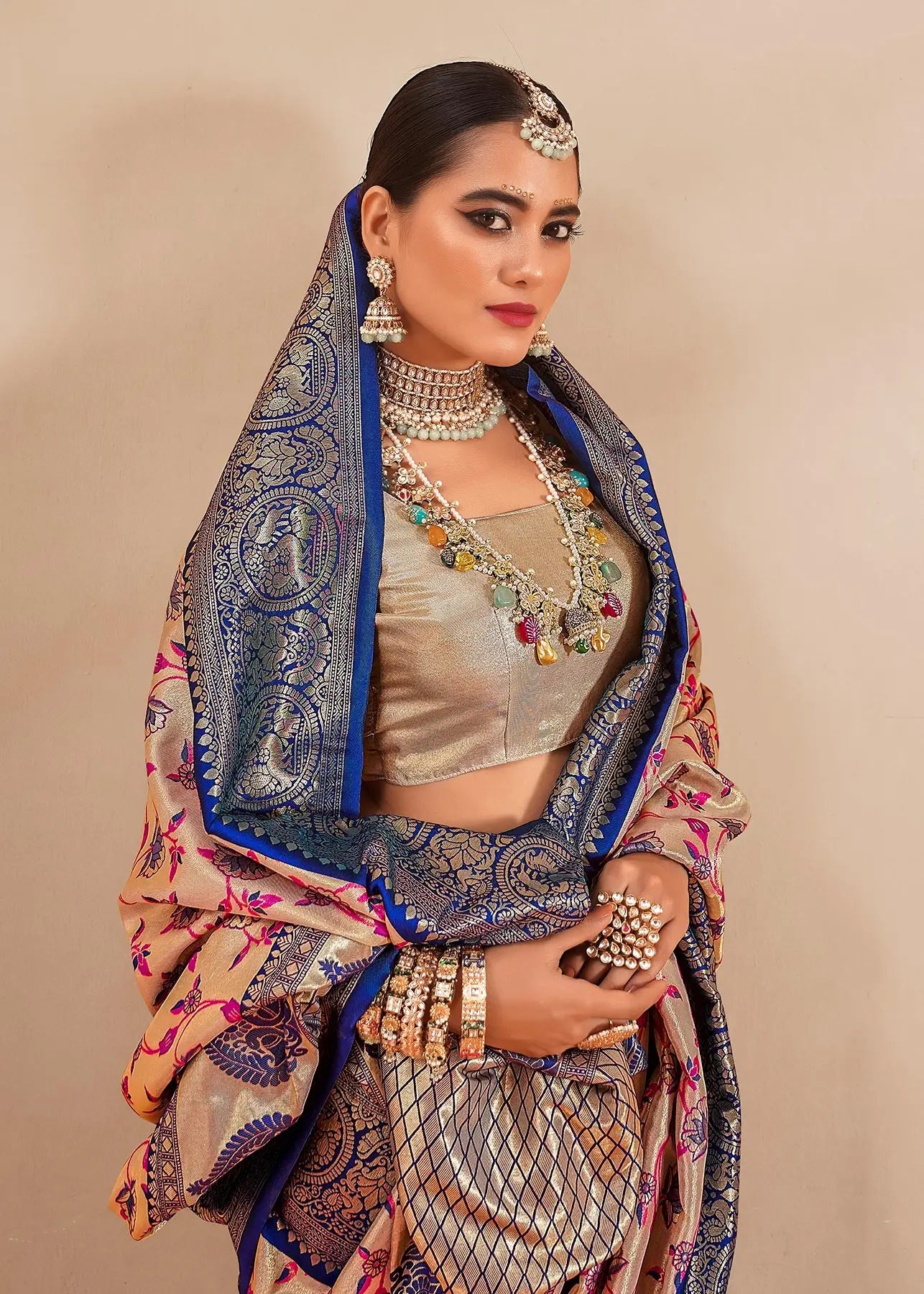 Blue Dharmavaram Tissue Silk Saree with Zari Weaving & Contrast Border