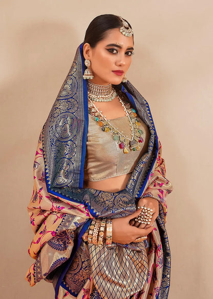 Blue Dharmavaram Tissue Silk Saree with Zari Weaving & Contrast Border