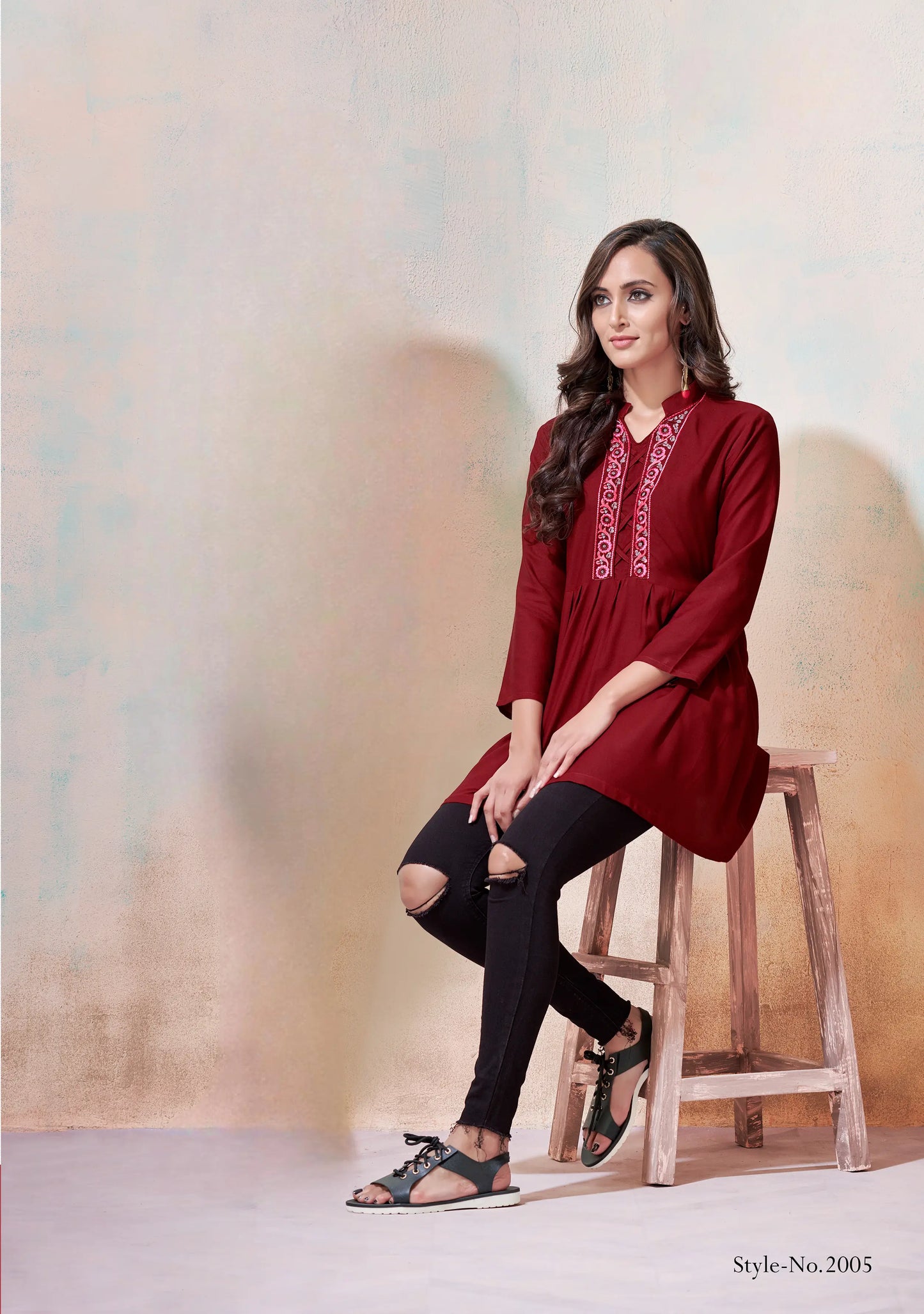 Cherry Red Rayon Short Kurti With Embroidery Work