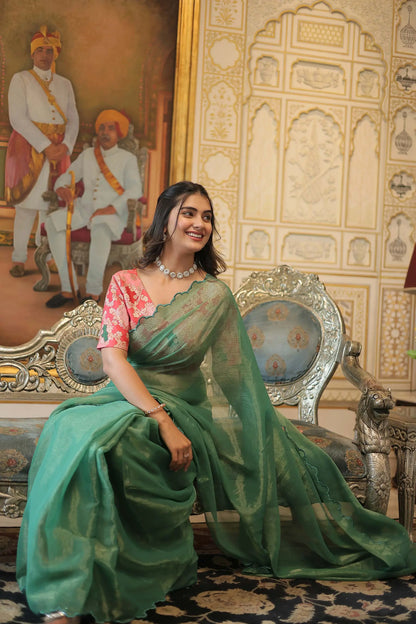 Pista Gold Coin Arko Cut Work Border Saree