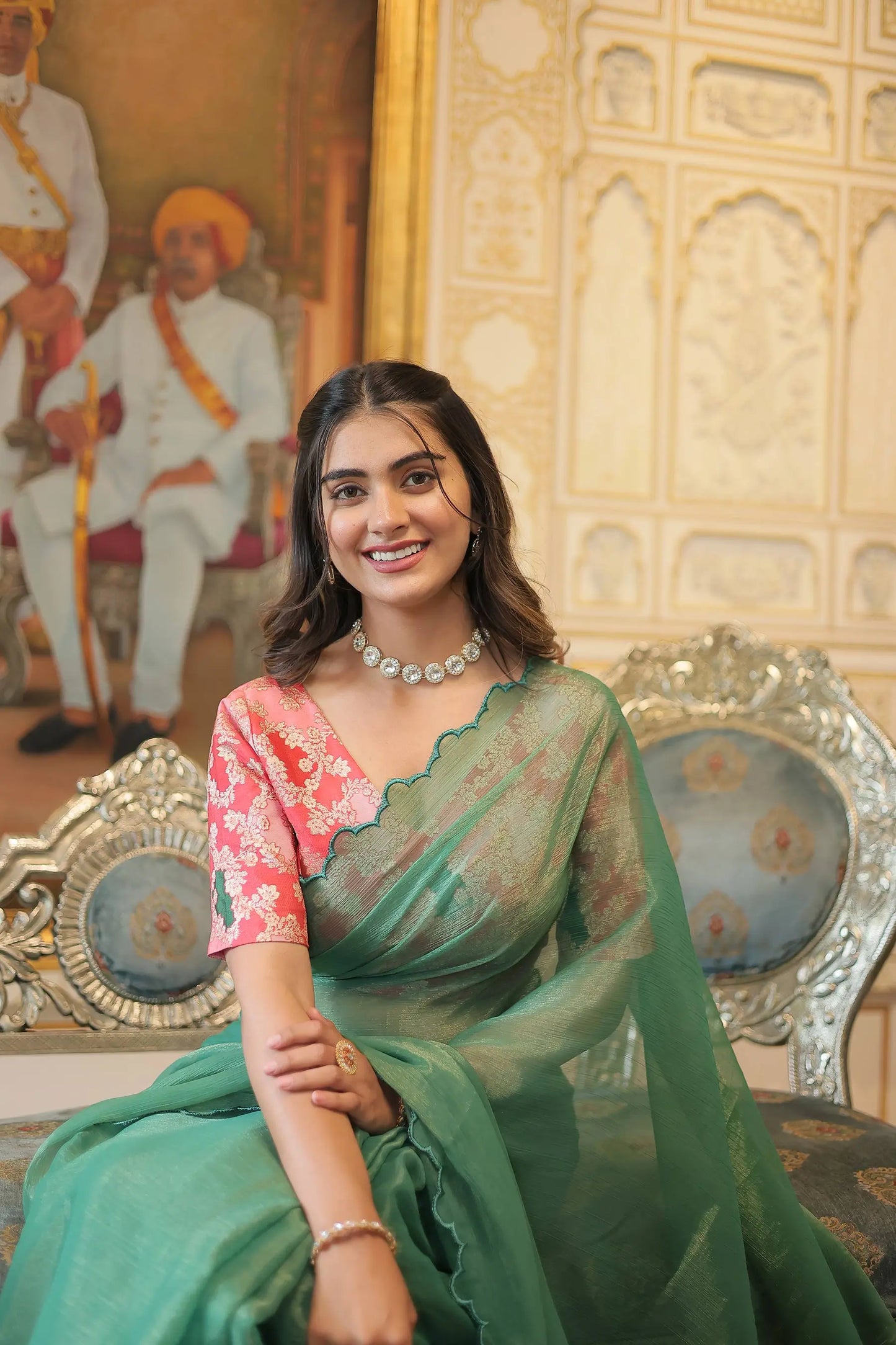 Pista Gold Coin Arko Cut Work Border Saree