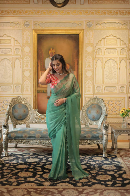 Pista Gold Coin Arko Cut Work Border Saree