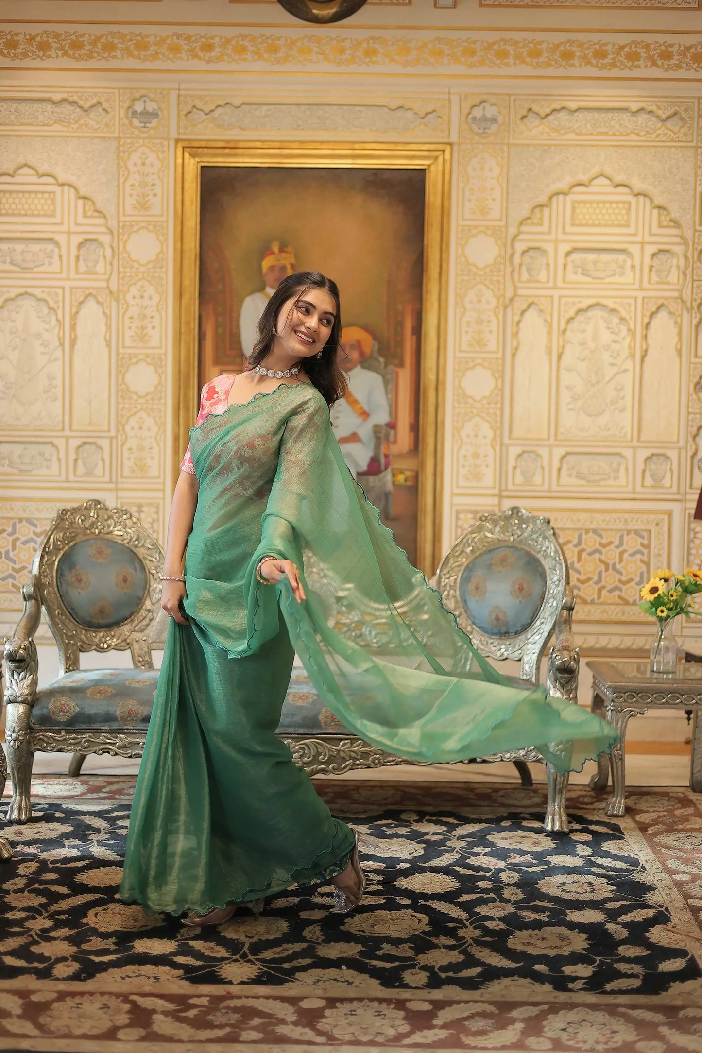 Pista Gold Coin Arko Cut Work Border Saree