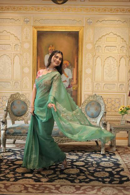 Pista Gold Coin Arko Cut Work Border Saree