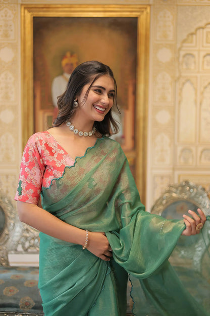 Pista Gold Coin Arko Cut Work Border Saree
