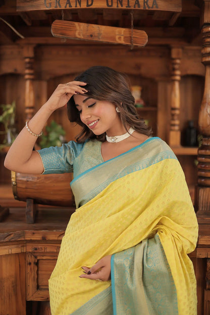 Yellow Kanjivaram Zari Weaving Silk Saree