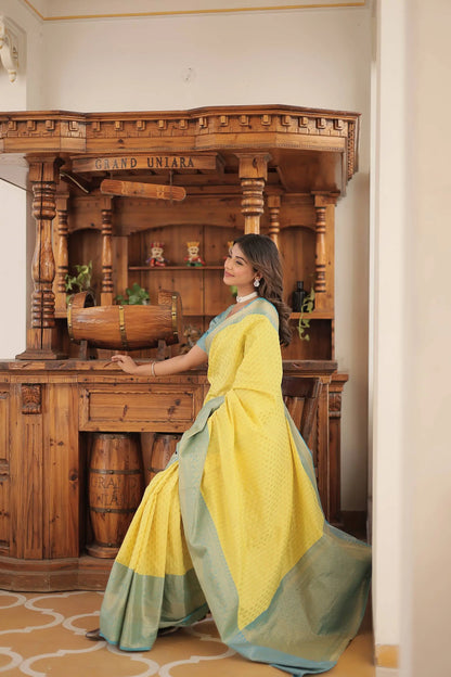 Yellow Kanjivaram Zari Weaving Silk Saree