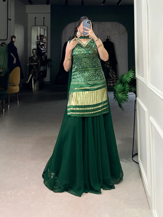 Green Gaji Silk Palazzo Salwar Suit With Print & Hand Work