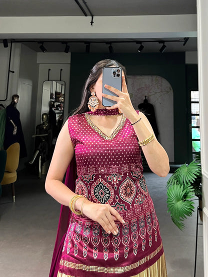 Maroon Gaji Silk Palazzo Salwar Suit With Print & Hand Work