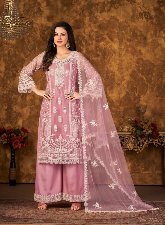 Light Pink Net Salwar Suit With Thread & Sequence Embroidery Work