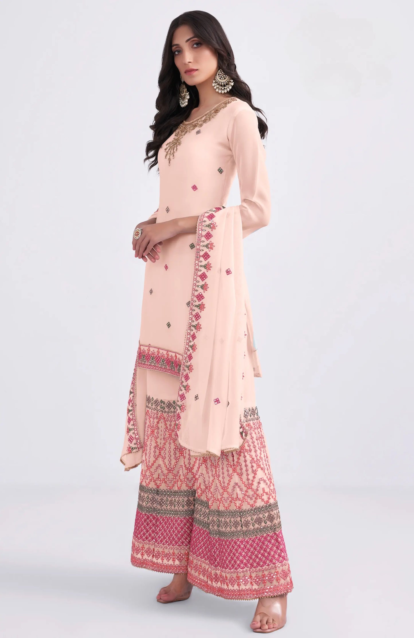 Peach Multi Thread Sequins Embroidery Hand Work Georgette Sharara Suit