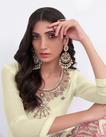 Light Yellow Multi Thread Sequins Embroidery Hand Work Georgette Sharara Suit