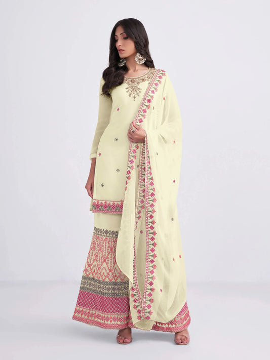 Light Yellow Multi Thread Sequins Embroidery Hand Work Georgette Sharara Suit