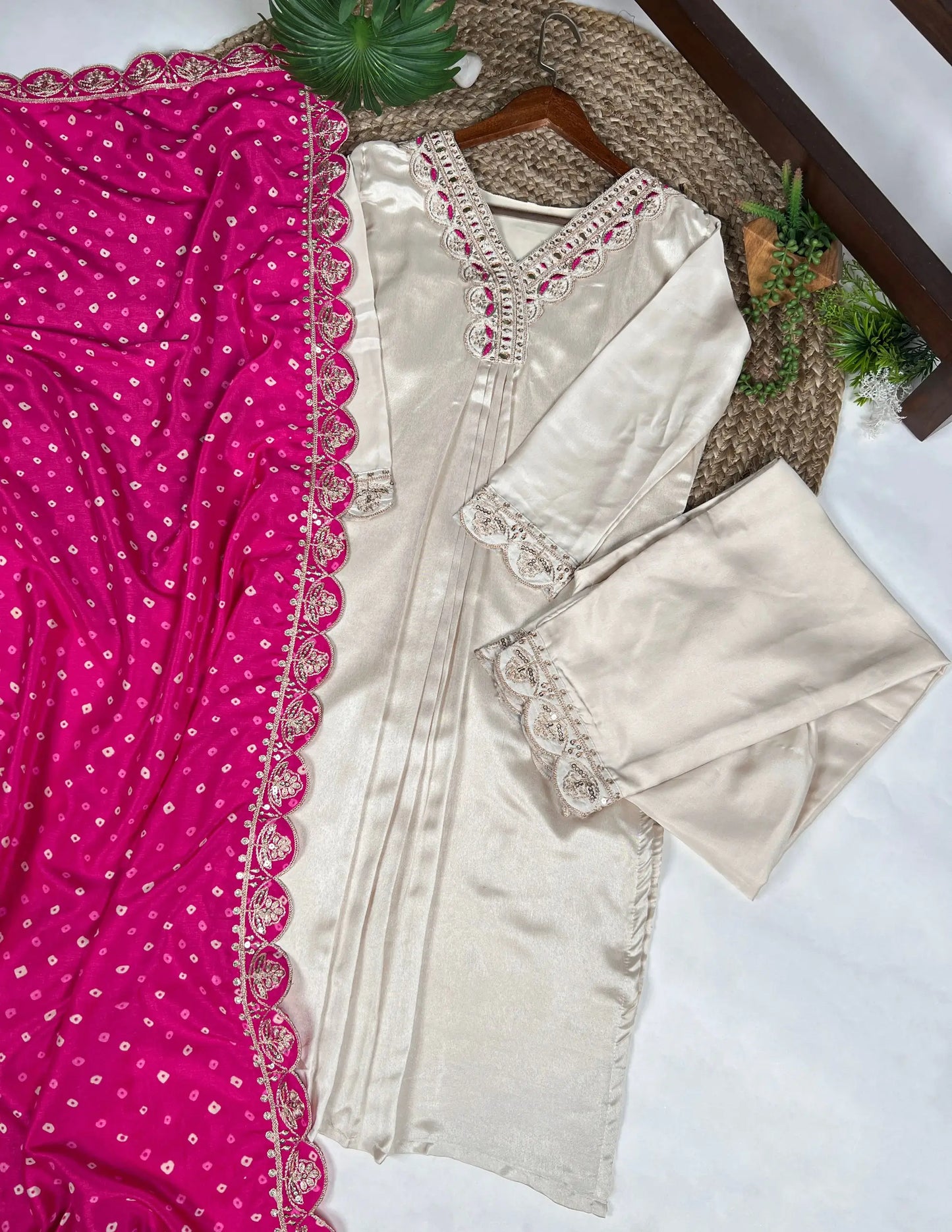 Cream Silk Suit Embroidery with Badhej Print Pink Dupatta