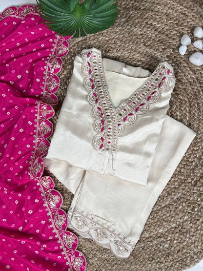 Cream Silk Suit Embroidery with Badhej Print Pink Dupatta
