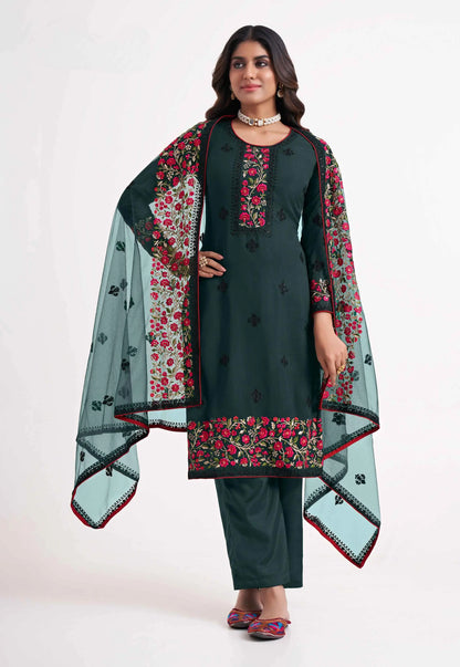 Deep Green Multi thread Zari Sequins Embroidery Floral Work Georgette  Salwar Suit Set