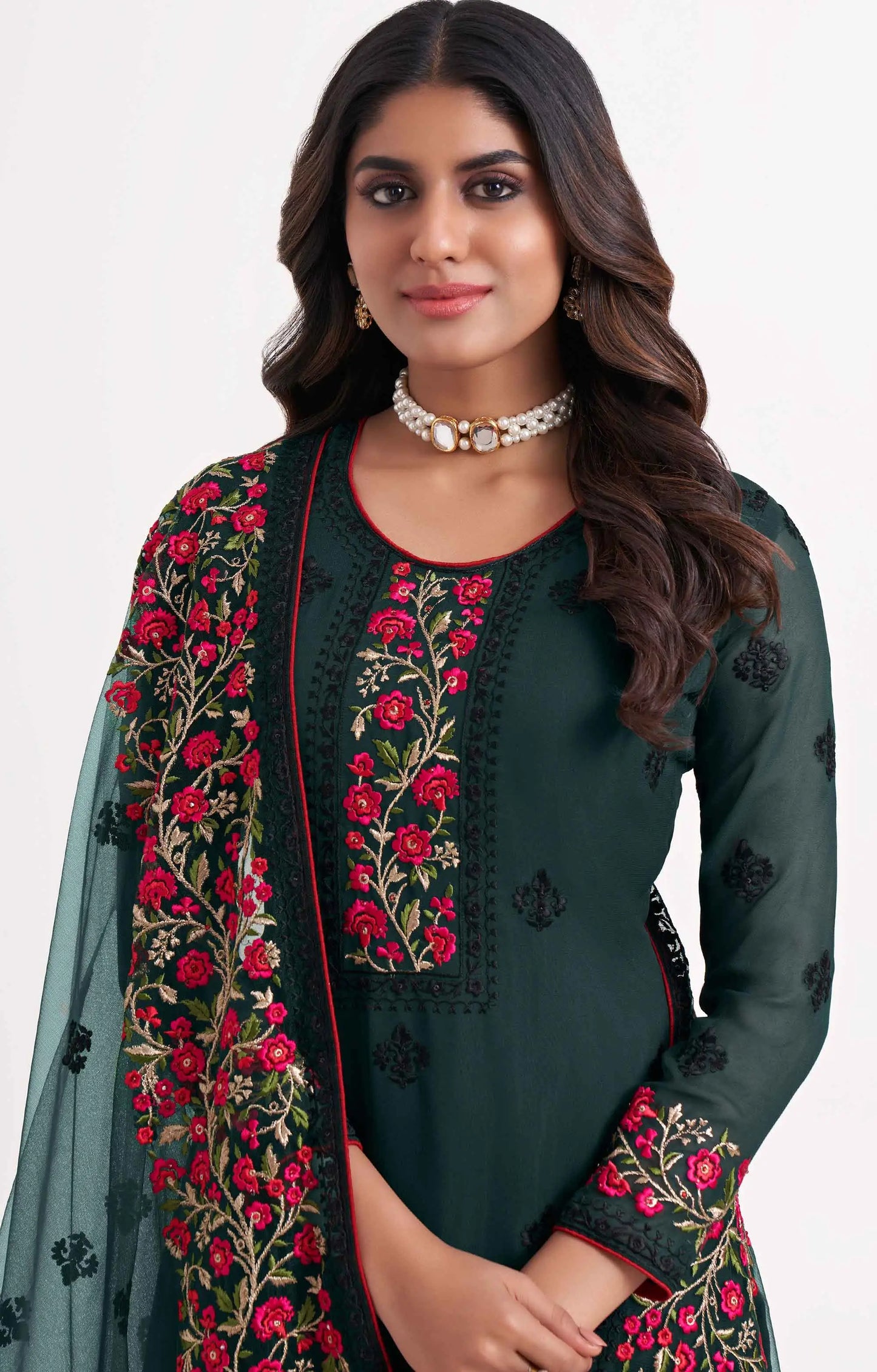 Deep Green Multi thread Zari Sequins Embroidery Floral Work Georgette  Salwar Suit Set