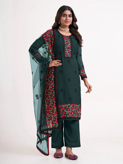 Deep Green Multi thread Zari Sequins Embroidery Floral Work Georgette  Salwar Suit Set