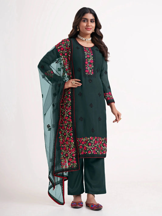 Deep Green Multi thread Zari Sequins Embroidery Floral Work Georgette  Salwar Suit Set