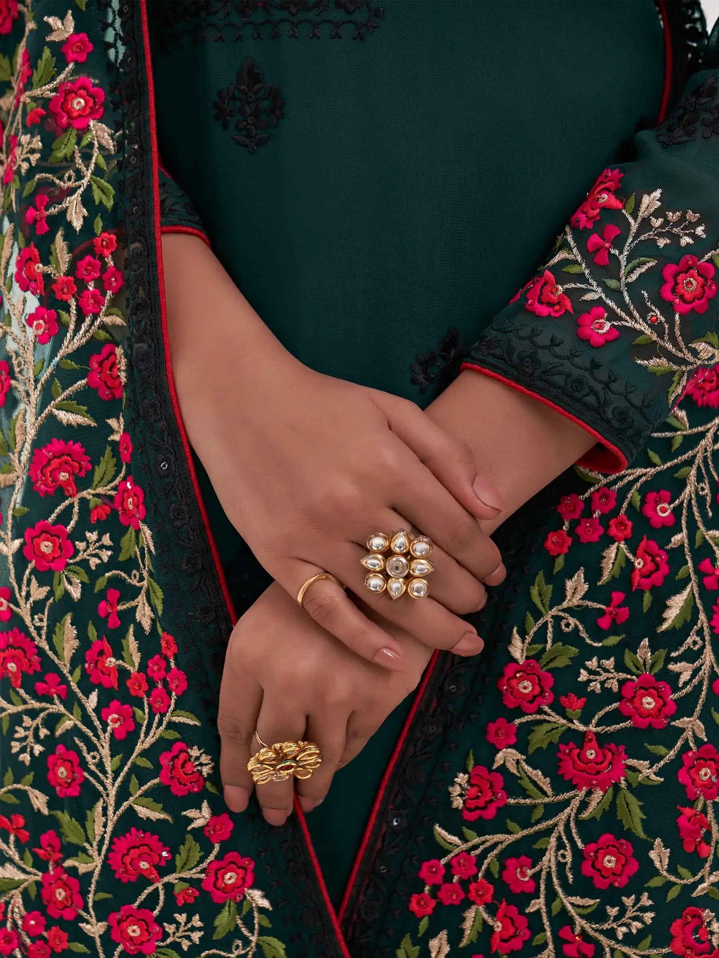 Deep Green Multi thread Zari Sequins Embroidery Floral Work Georgette  Salwar Suit Set