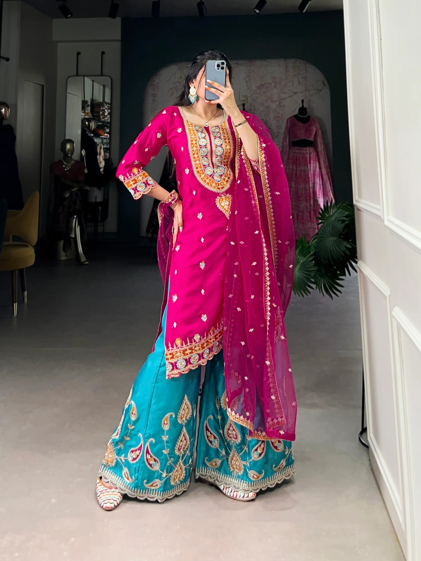 Dark Pink Moonga Silk Palazzo Salwar Suit With Embroidery Work