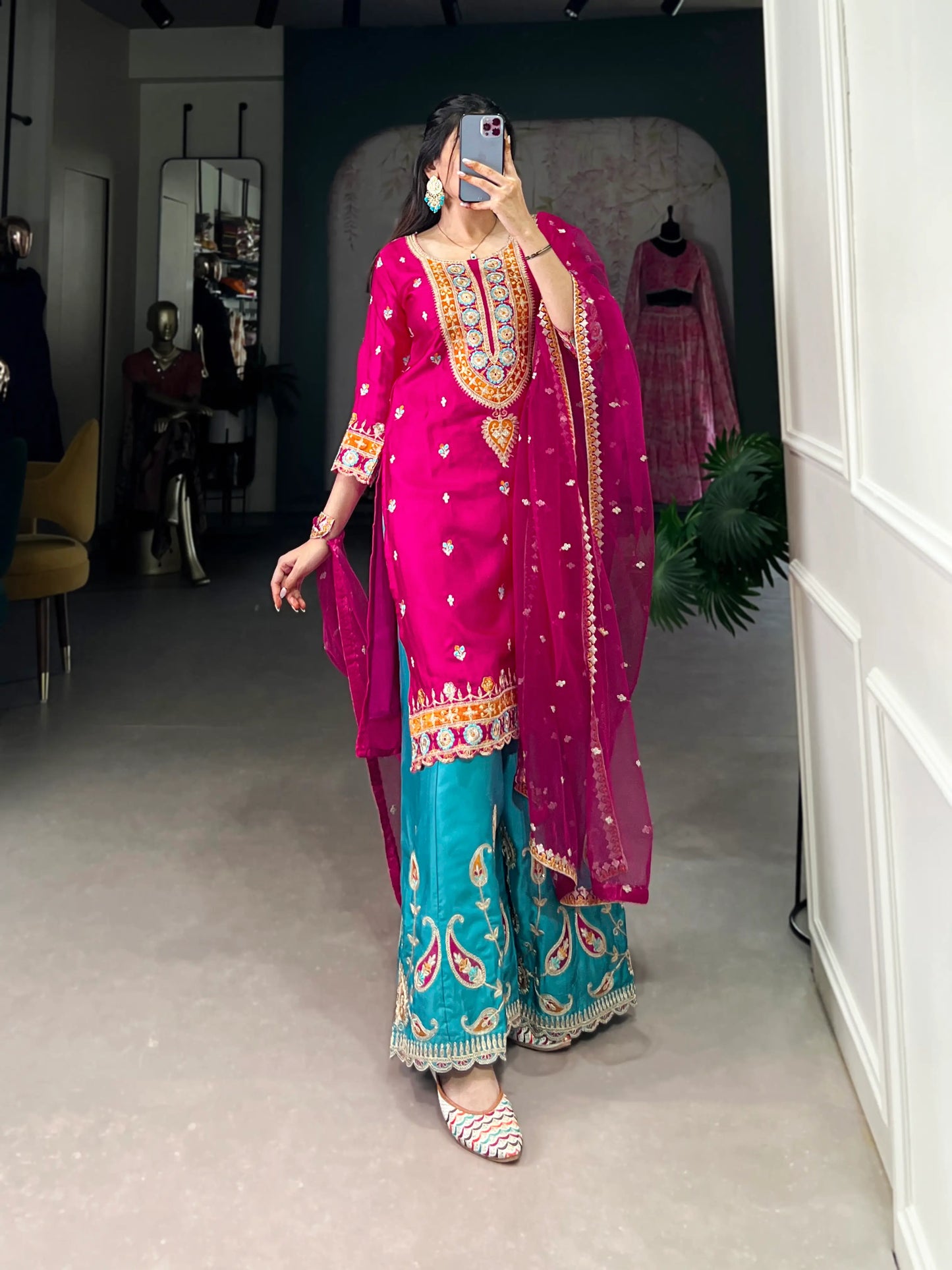 Dark Pink Moonga Silk Palazzo Salwar Suit With Embroidery Work