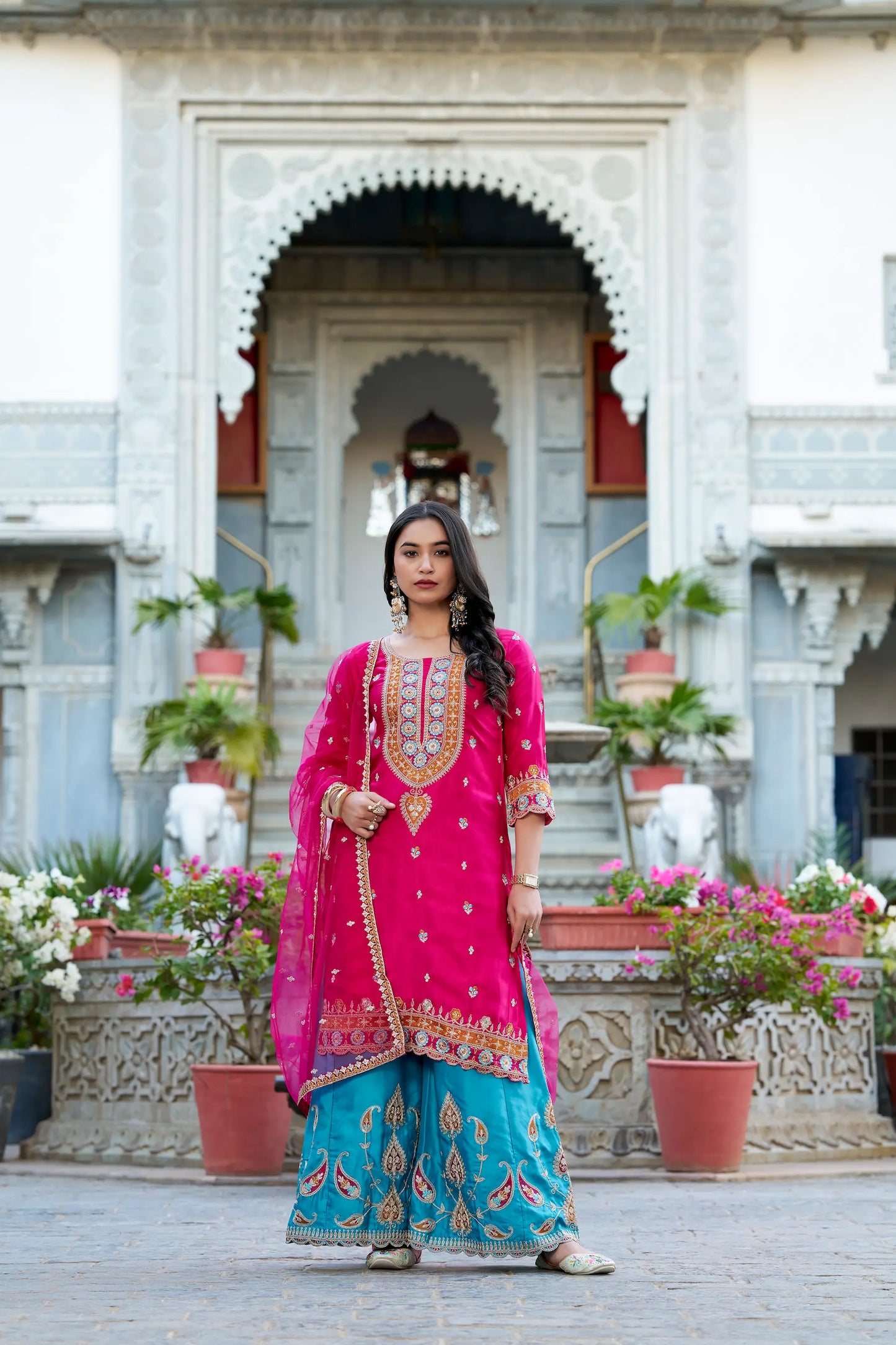 Dark Pink Moonga Silk Palazzo Salwar Suit With Embroidery Work