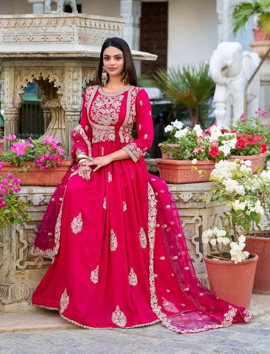 Dark Pink Vichitra Silk Gown With Thread & Sequins Embroidery Work
