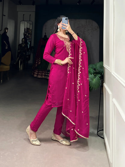 Dark Pink Organza Salwar Suit With Sequins & Thread Embroidery Work