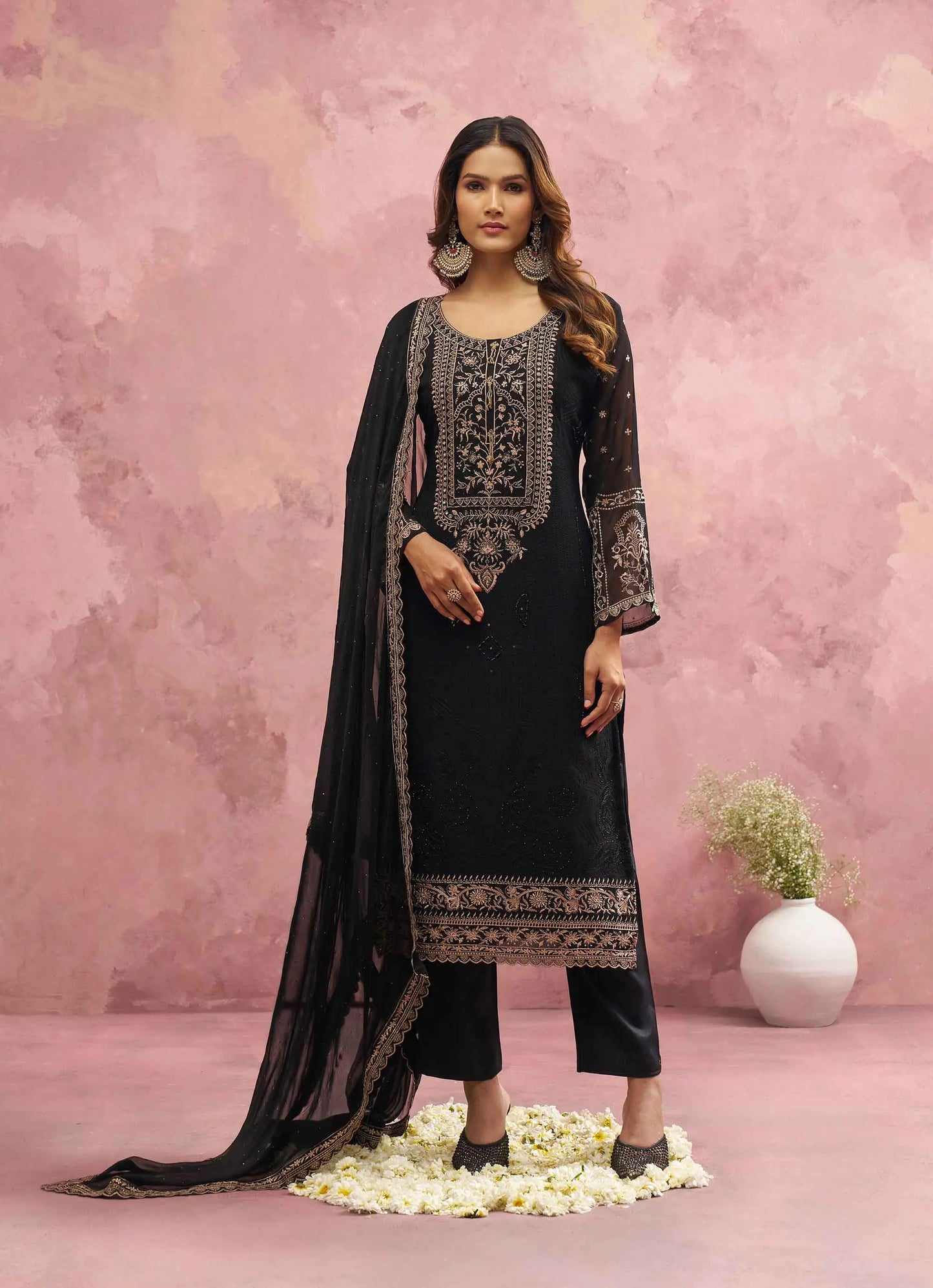 Most Trendy Black Embroidery Work With Khatli Work salwar Suit