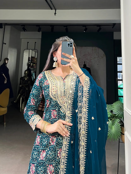 Teal Blue Rayon Salwar Suit With Print & Embroidery Work