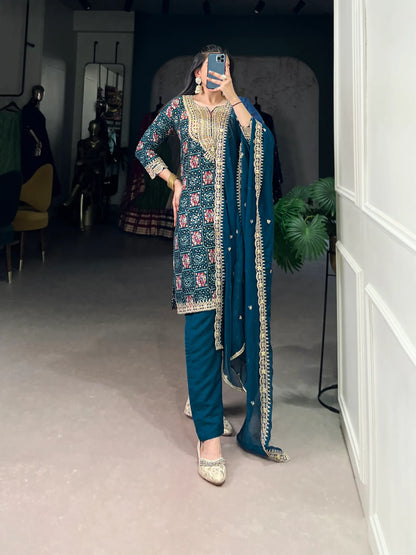 Teal Blue Rayon Salwar Suit With Print & Embroidery Work