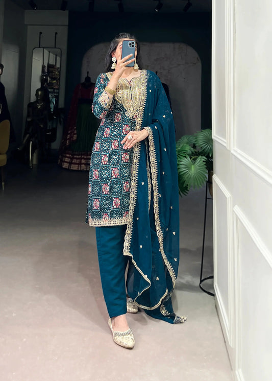 Teal Blue Rayon Salwar Suit With Print & Embroidery Work