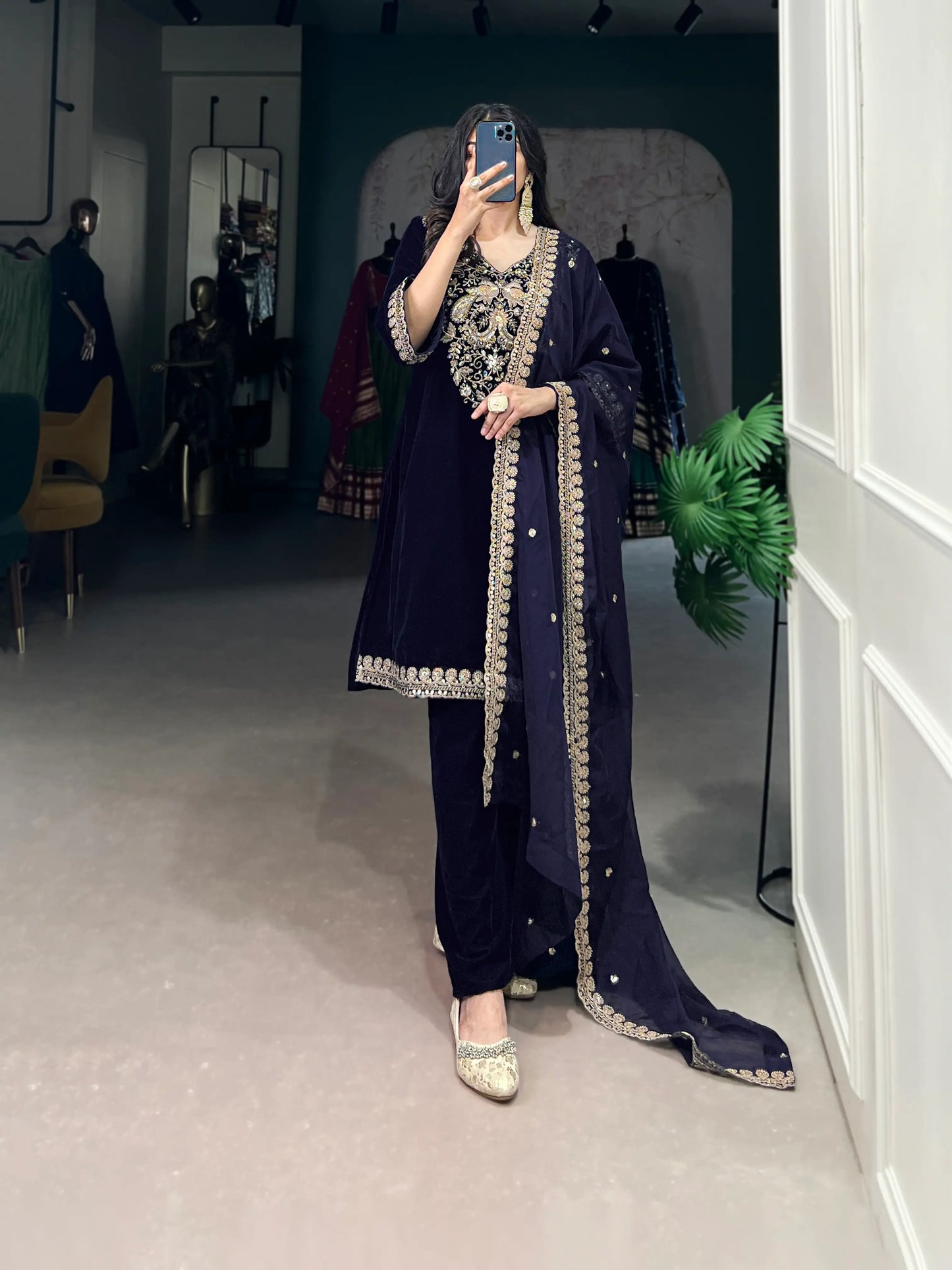 Navy Blue Velvet Sequins & Embroidery Work Salwar Suit