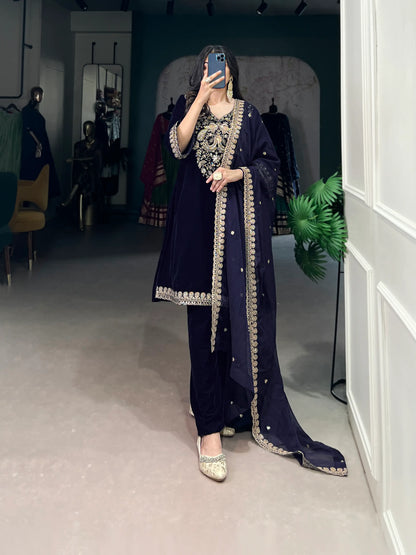 Navy Blue Velvet Sequins & Embroidery Work Salwar Suit