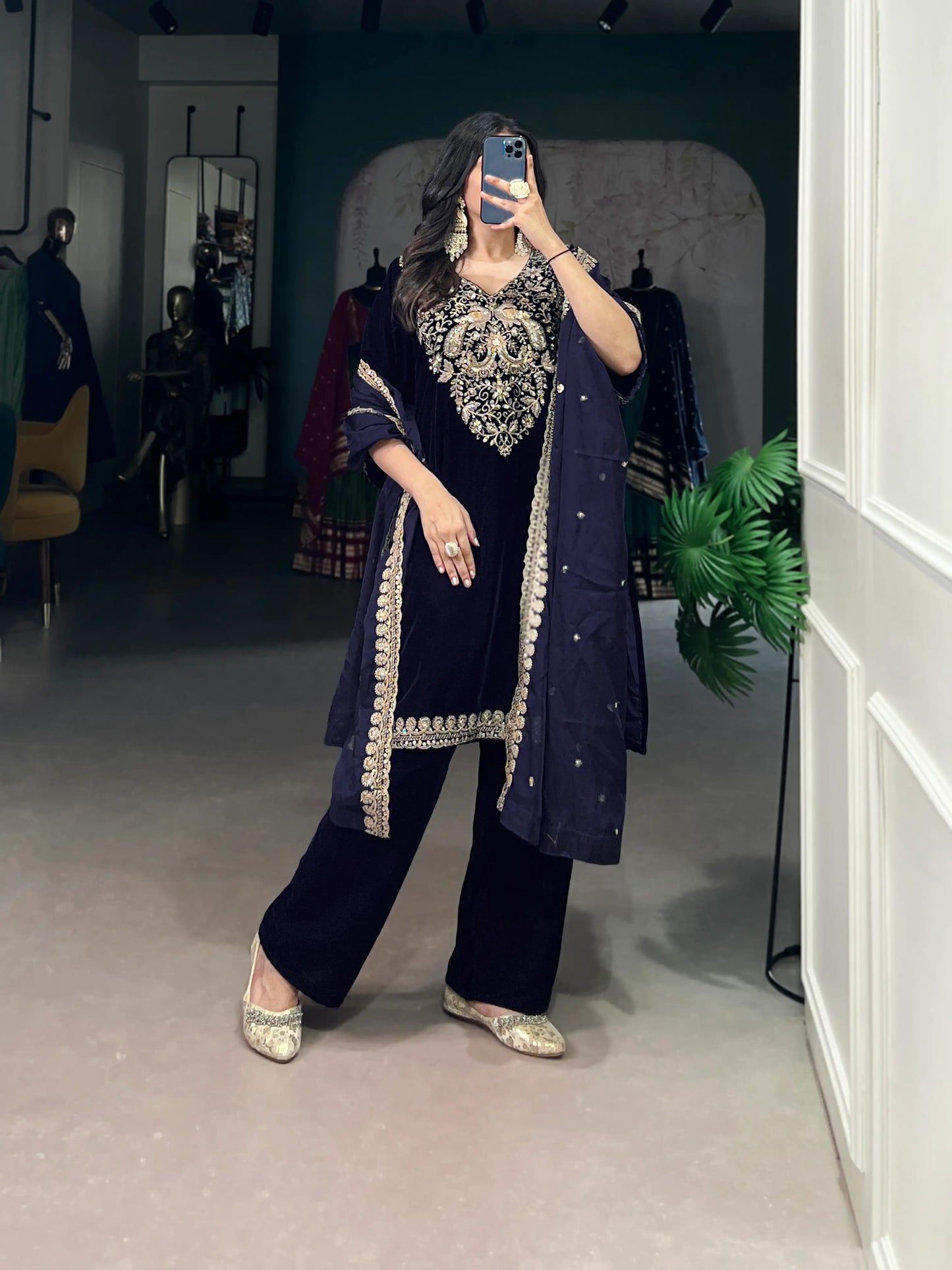 Navy Blue Velvet Sequins & Embroidery Work Salwar Suit