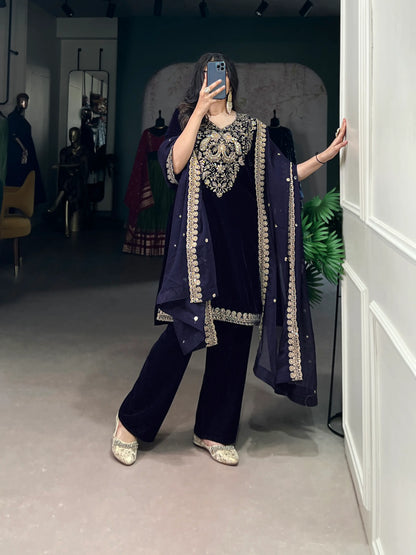 Navy Blue Velvet Sequins & Embroidery Work Salwar Suit