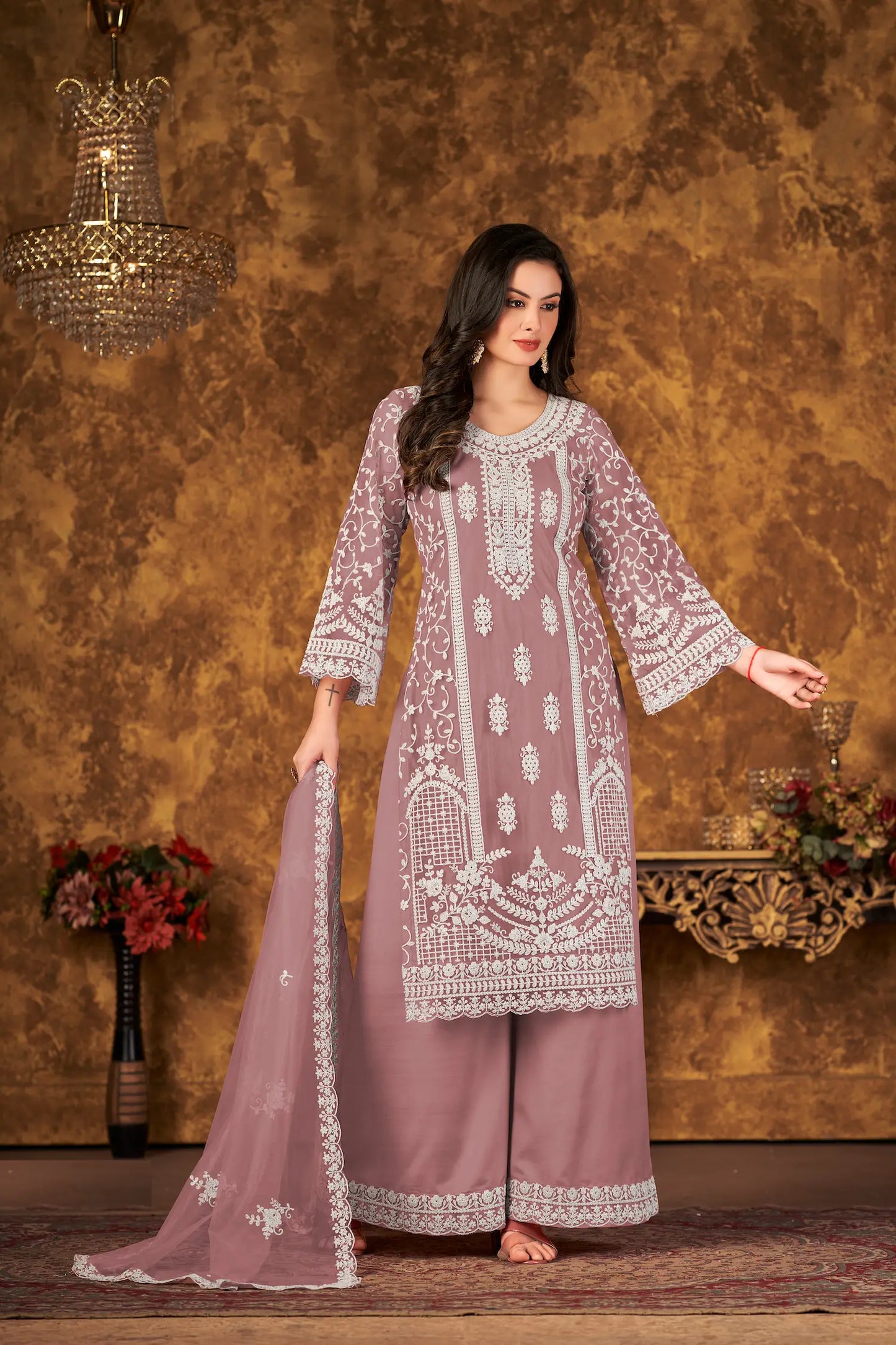Dusty Peach Net Salwar Suit With Thread & Sequence Embroidery Work