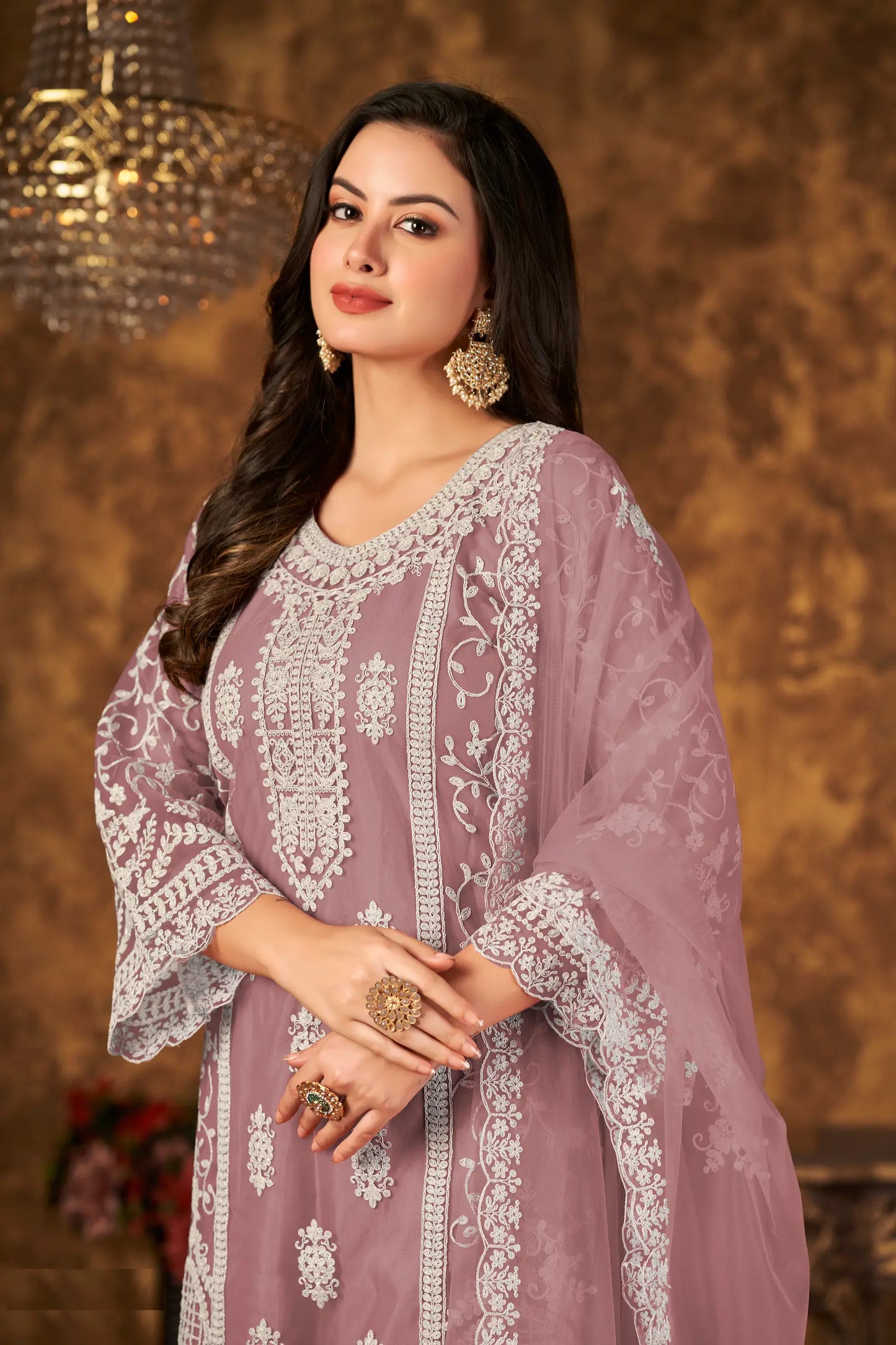 Dusty Peach Net Salwar Suit With Thread & Sequence Embroidery Work