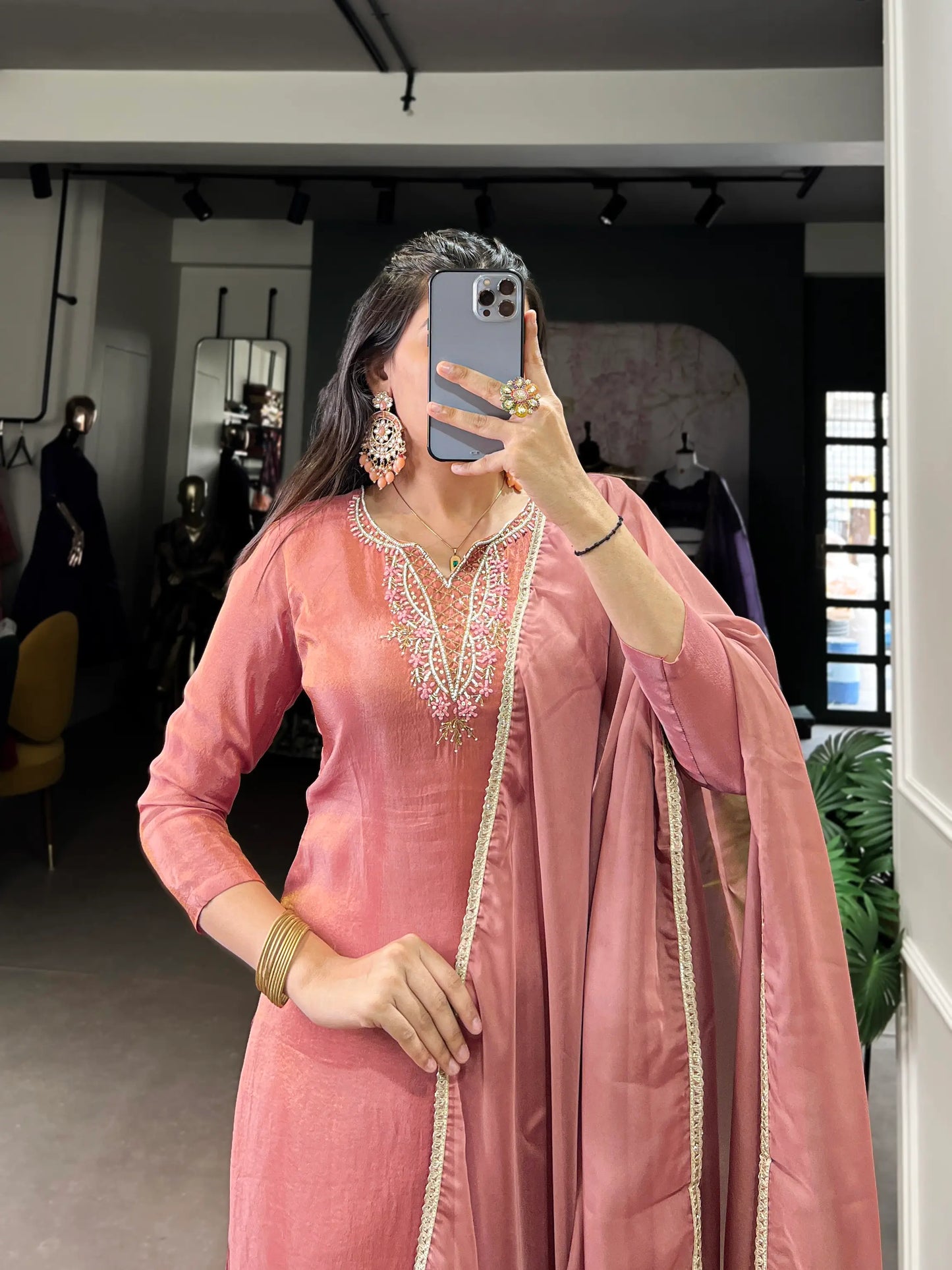 Peach Tissue Salwar Suit With Hand Work & Lace Touch Up