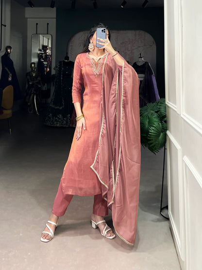 Peach Tissue Salwar Suit With Hand Work & Lace Touch Up