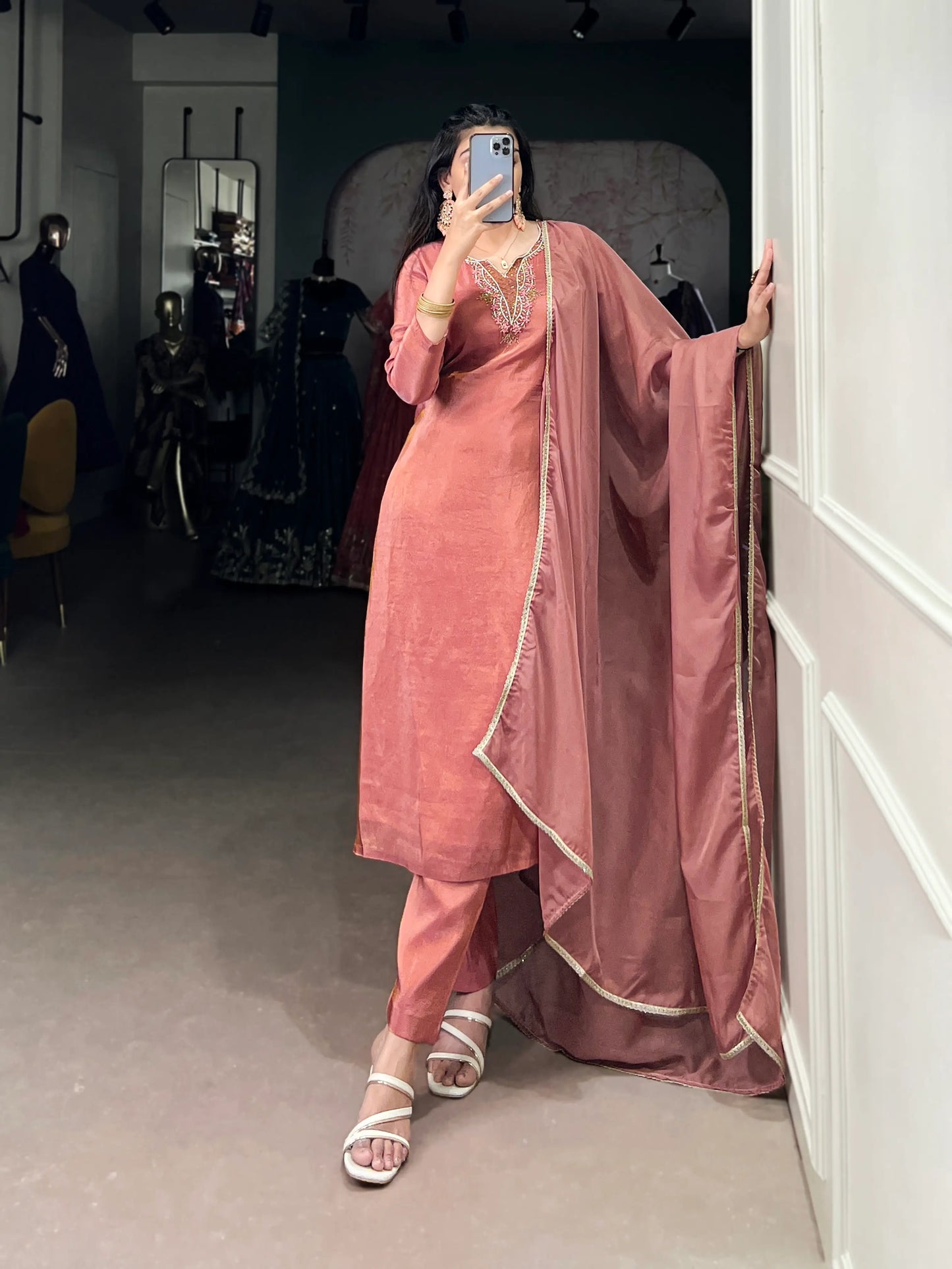 Peach Tissue Salwar Suit With Hand Work & Lace Touch Up