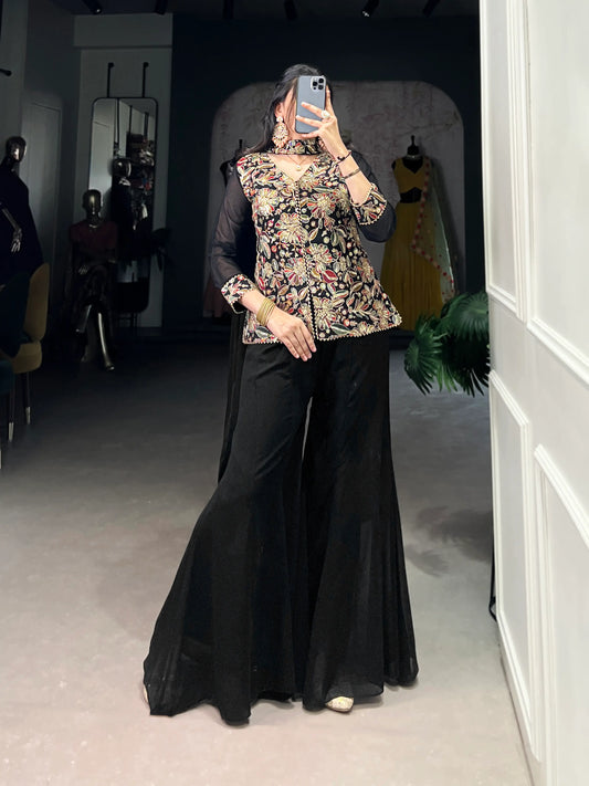 Black Georgette Thread & Sequins Embroidery Work Indo Western Set