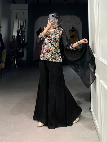 Black Georgette Thread & Sequins Embroidery Work Indo Western Set