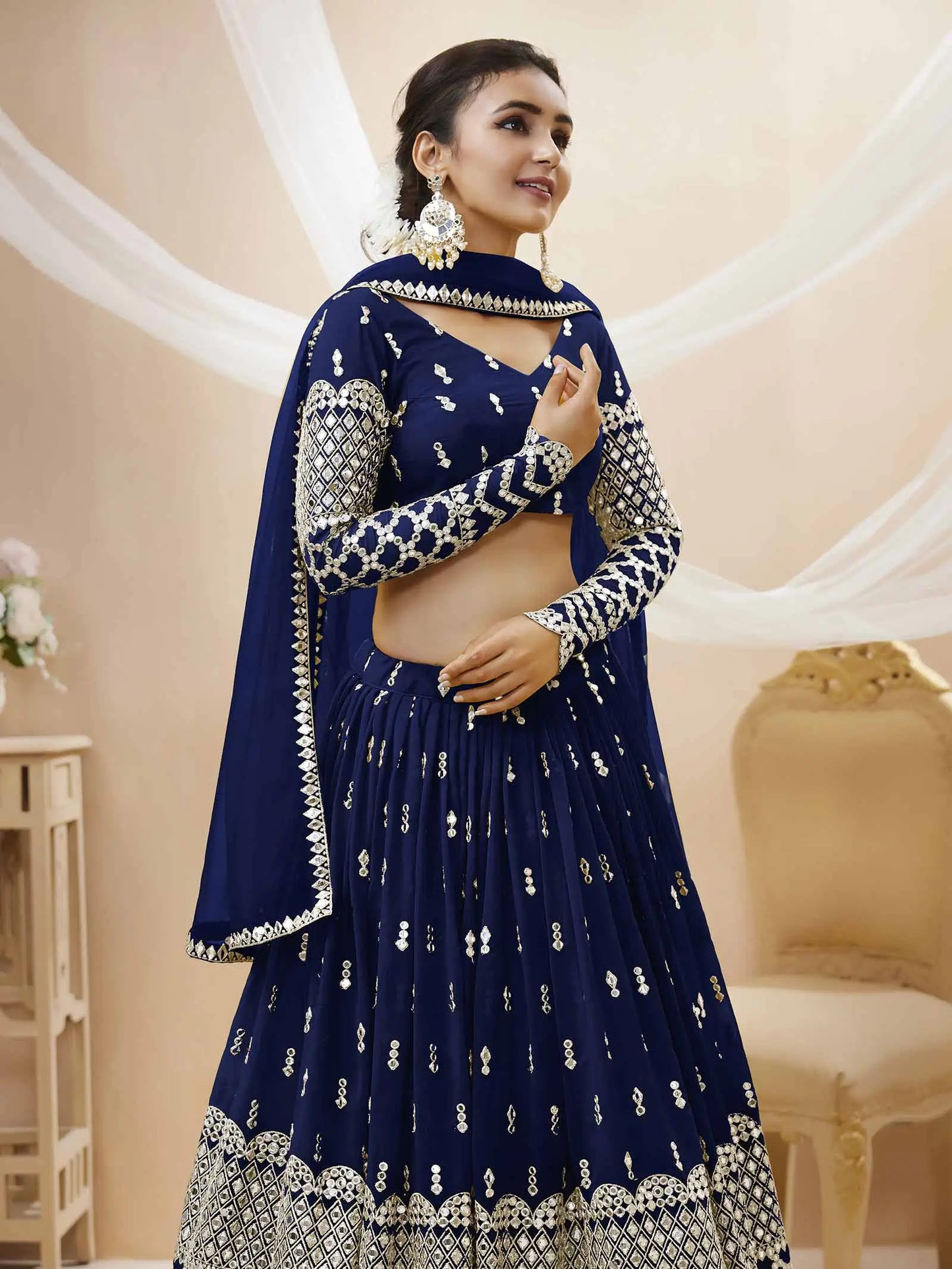 Navy Blue Lehenga choli With Sequence And Zari Embroidery Work With Soft Net dupatta